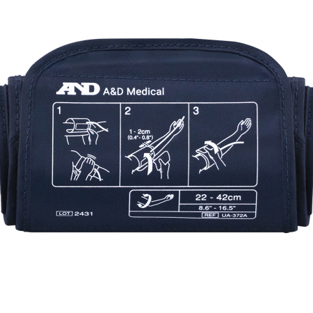 Pre-formed wide-range blood pressure cuff for A&D Medical monitors, fits arm sizes 8.6–16.5 in / 22–42 cm.