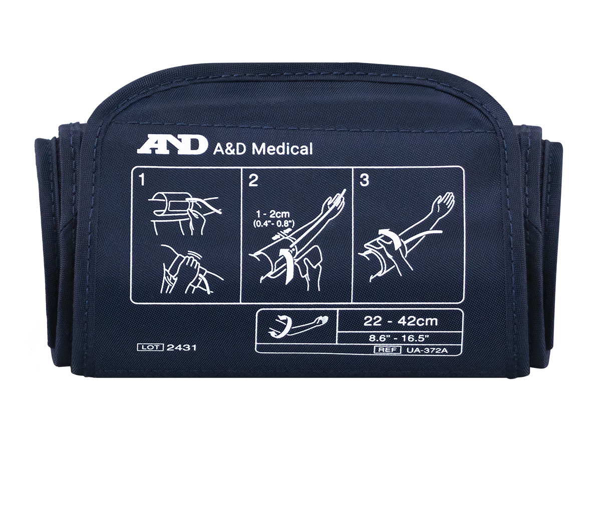 Pre-formed wide-range blood pressure cuff for A&D Medical monitors, fits arm sizes 8.6–16.5 in / 22–42 cm.